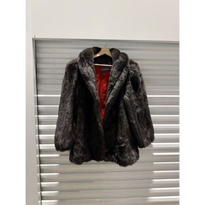 Vintage Faux Fur Coat Brown Red Lining Made in USA Size 16
